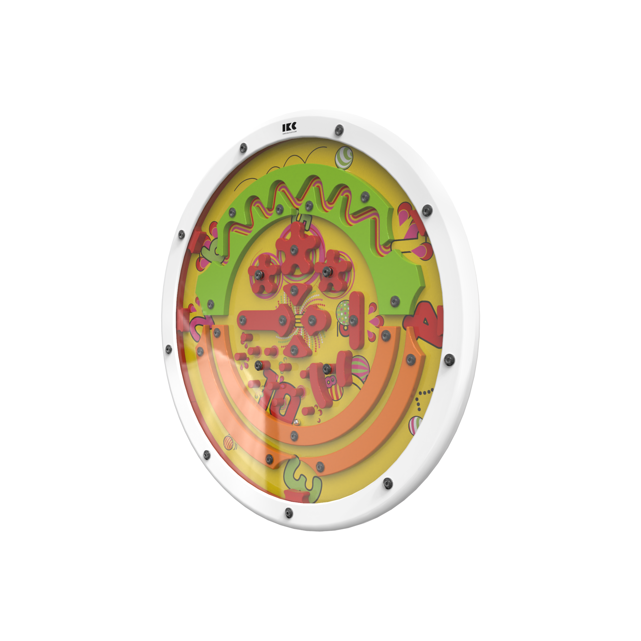 Draai het speelwiel om de balletjes te verplaatsen door de hindernissen | IKC wandspel muurspel