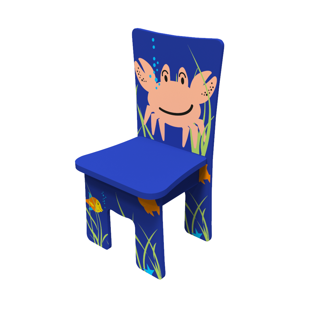 Houten stoel voor kinderen in een kinderhoek of wachtkamer met een zee dieren thema met een krab | IKC kindermeubels