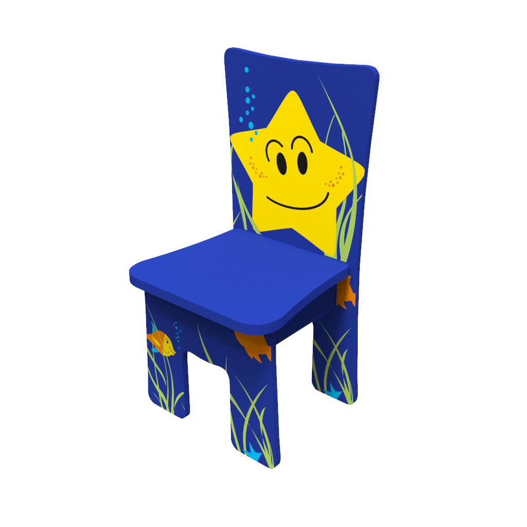 Houten stoel voor kinderen in een kinderhoek of wachtkamer met een zee dieren thema met zeester | IKC kindermeubels