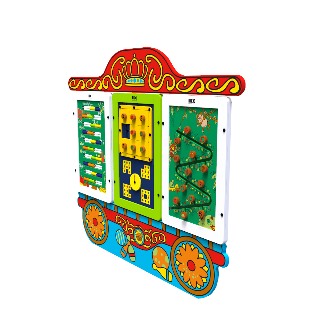 Een circus trein wagon voor een thema kinderhoek met de mogelijkheid voor meerdere wandspellen | IKC speelsystemen muurspellen