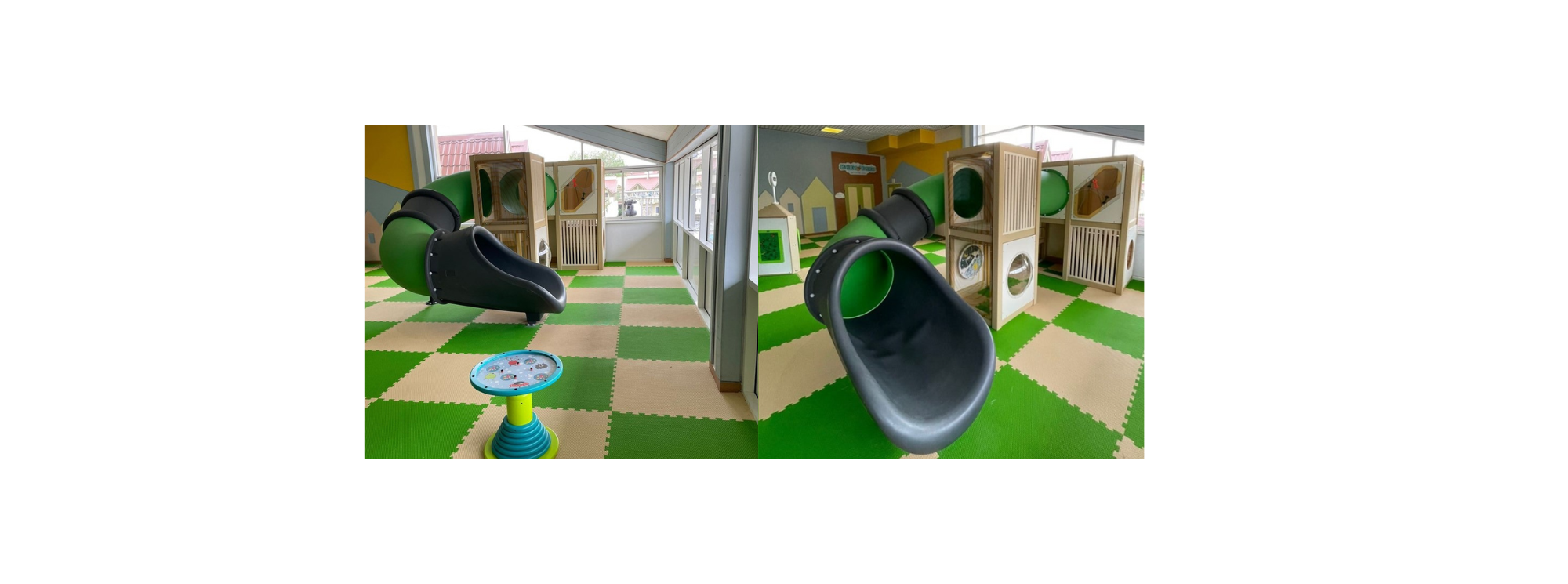 Детский уголок с зелёной горкой, деревянной конструкцией для лазания и игровым столом в светлом помещении с мягким игровым покрытием и большими окнами.